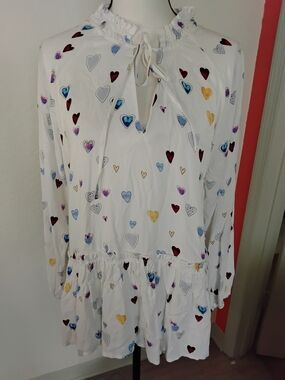Velvet Heart White Heart-Print Ruffle Neck Blouse